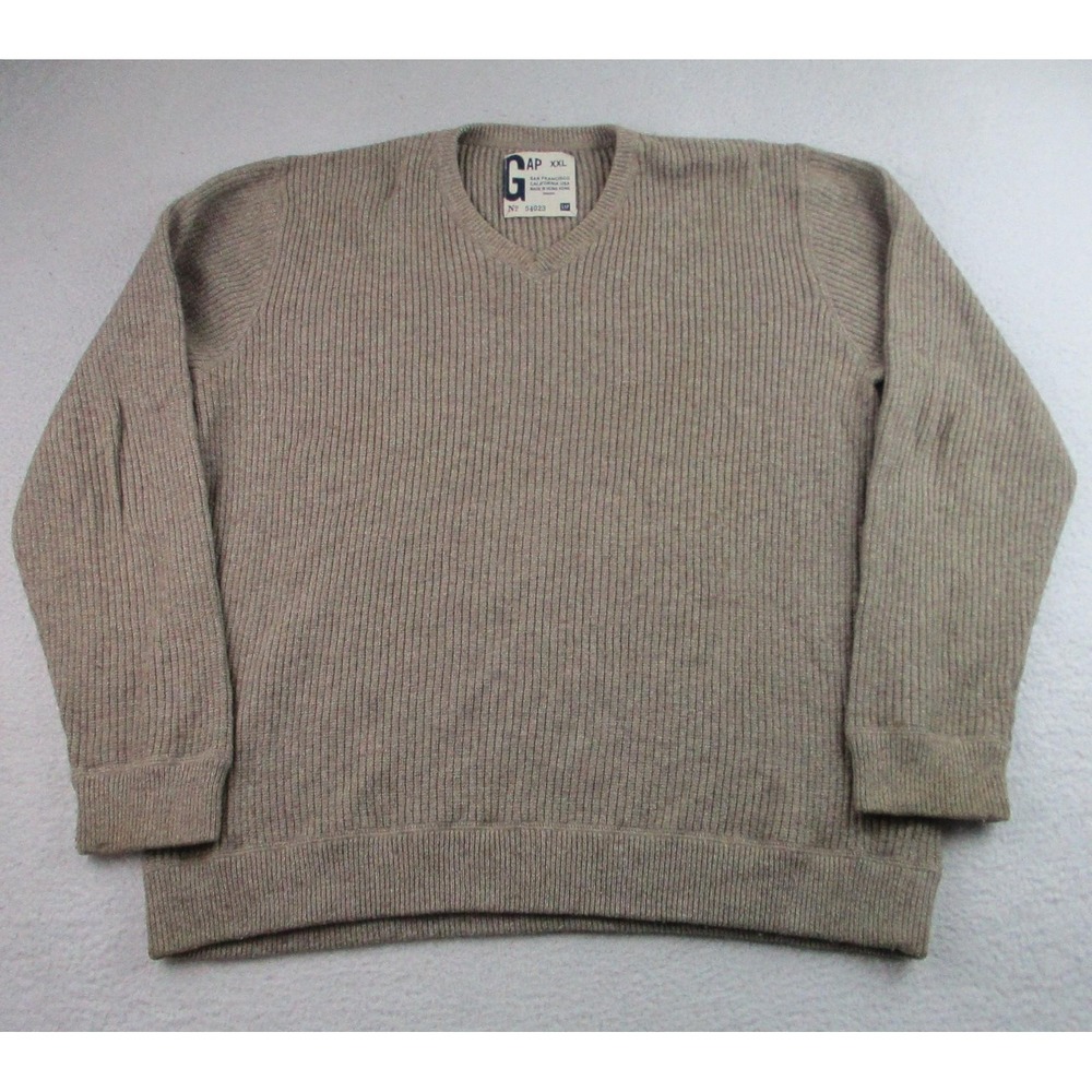GAP Sweater Mens 2XL Beige‎ V Neck Rib Knit Cotton Nylon Wool Blend Pullover